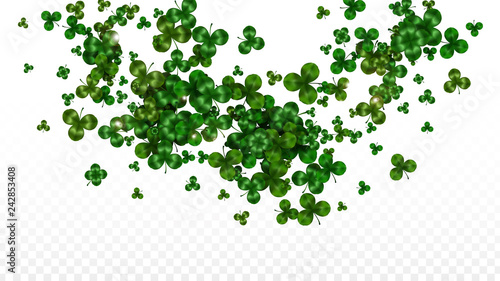 Vector Clover Leaf  Isolated on Transparent Background with Space for Text. St. Patrick's Day Illustration. Ireland's Lucky Shamrock Poster. Invintation for Concert in Pub. Top View. Success Symbols.