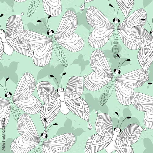 Hand drawn butterfly  line art repeat seamless vector patter. 