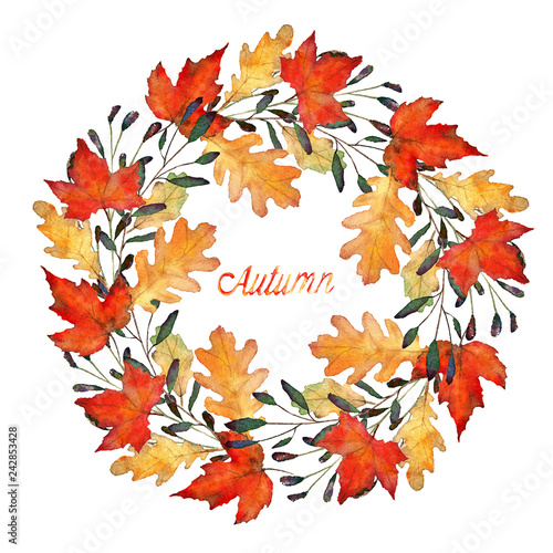 autumn leaves  watercolor  card for you  handmade  wreath  maple and oak leaves