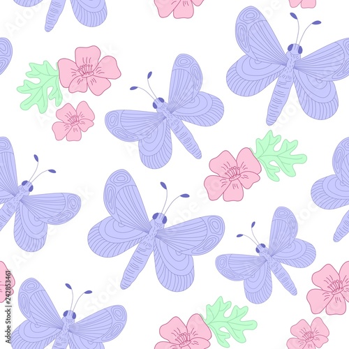 Hand drawn butterfly and flowers  cute spring and summer repeat seamless vector pattern  white background.