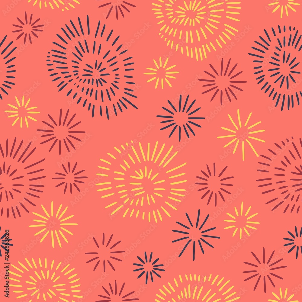Abstract hand drawn repeat seamless vector pattern with colorful circular shapes, memphis inspired line art. Abstract hand drawn repeat seamless vector pattern with colorful circular shapes, memphis inspired line art.