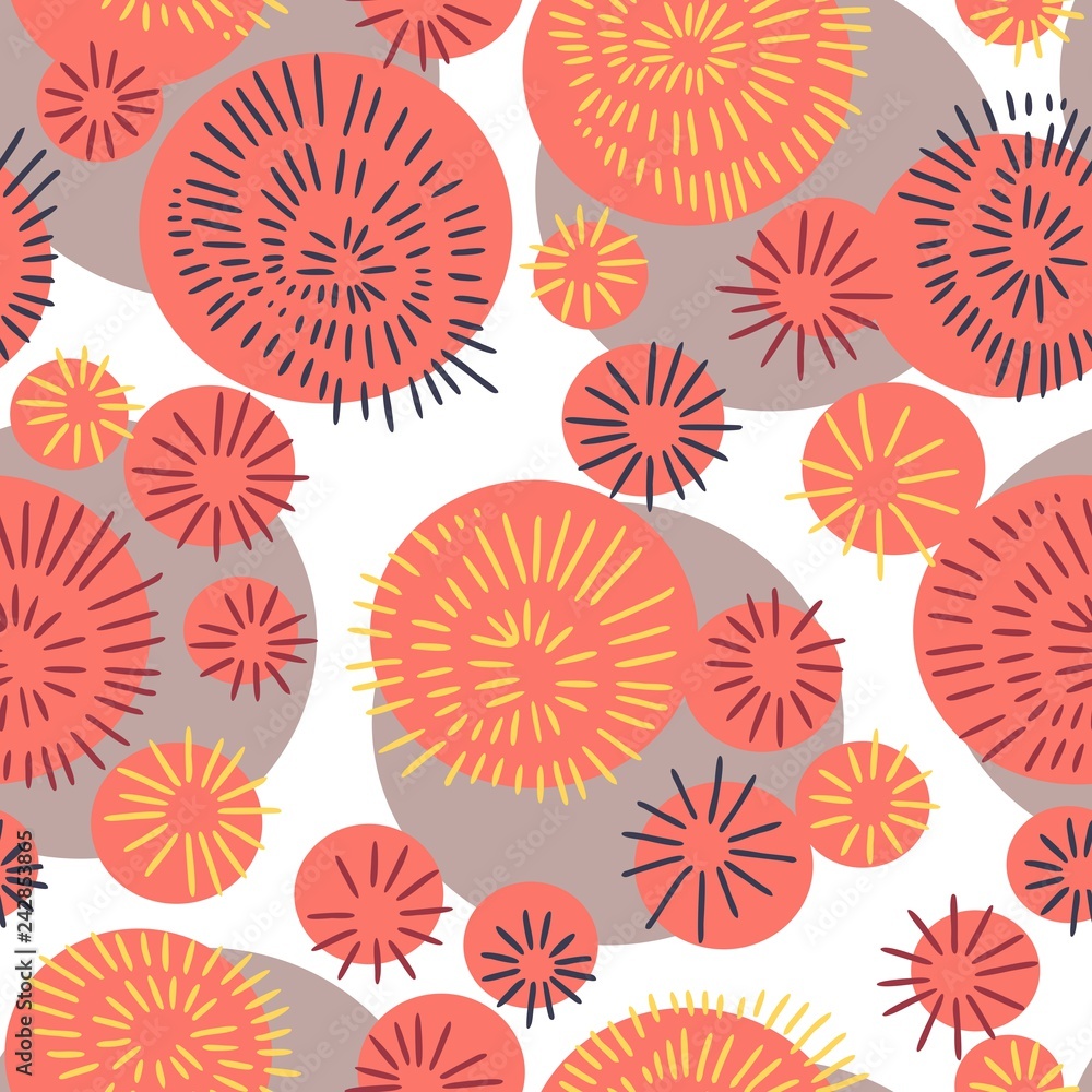 Abstract hand drawn repeat seamless vector pattern with colorful circular shapes, memphis inspired line art. Abstract hand drawn repeat seamless vector pattern with colorful circular shapes, memphis inspired line art.