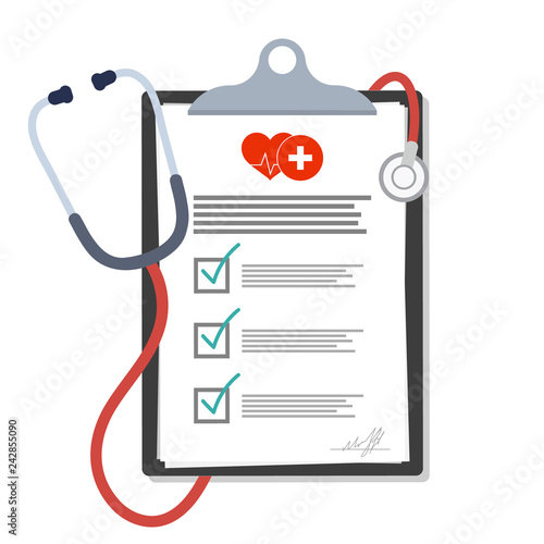 Medical Clipboard. Blank paper in clipboard with stethoscope, medical concept. Medical document. Healthcare concept.