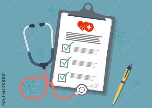 Medical Clipboard.Medical report with stethoscope and pen. Stethoscope with clipboard