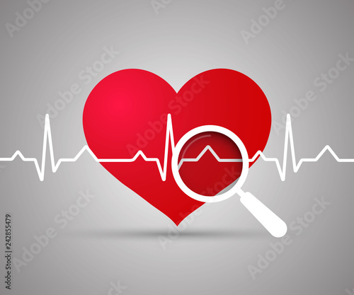 Ekg Heart. Red heart with ekg on white - medical design. Electrocardiogram, Heartbeat, magnifying glass