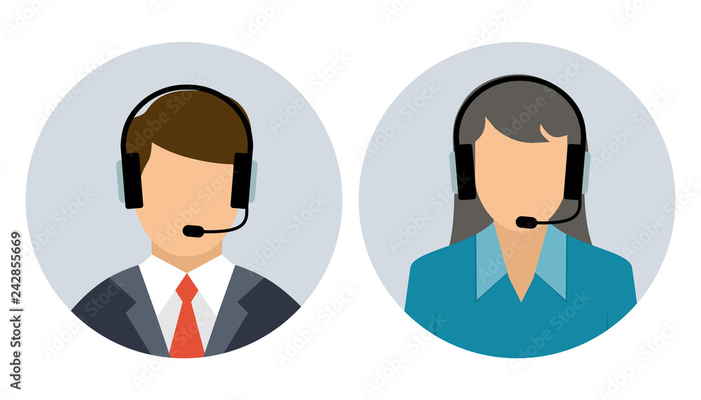 Operator of call center and Customer service. Male and female call center avatar icons with a faceless man and woman.Call center operators, female and male avatar icons
