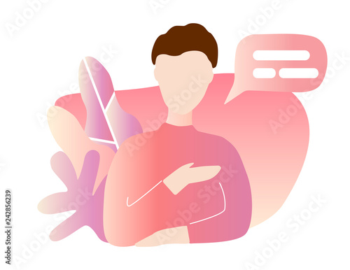 Icon with a man with colorful speech bubbles. Social networks, chat, dialogue. Vector flat style illustration