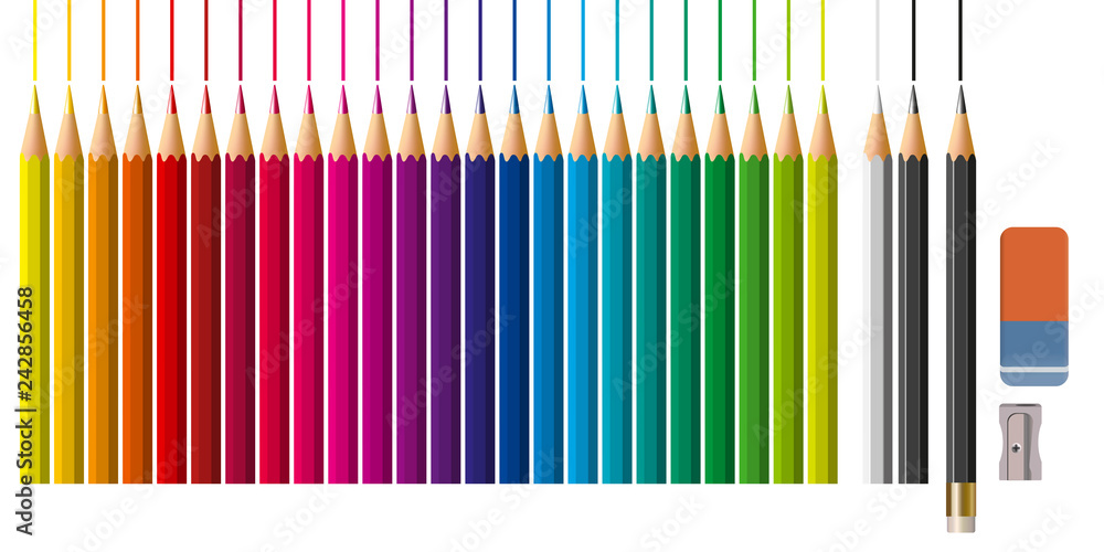 Des fournitures artistiques avec des crayons de couleur alignés suivant un  dégradé coloré ainsi qu'un taille crayon et une gomme. Stock Vector