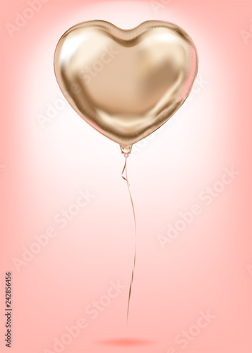 Pink Gold Foil Heart Shape Balloon, golden love symbol. Image birthday celebration, social party and any holiday events