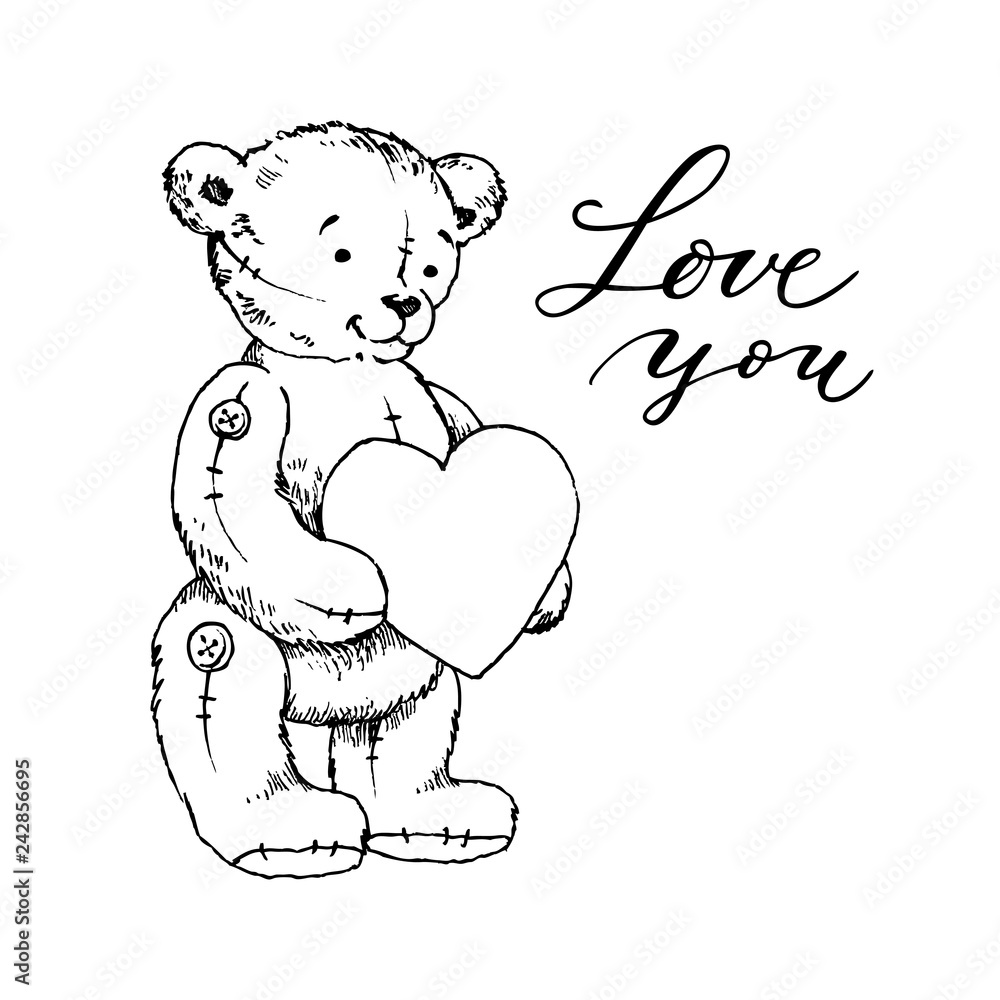 Teddy bear toy with heart coloring book vector illustration. Love ...