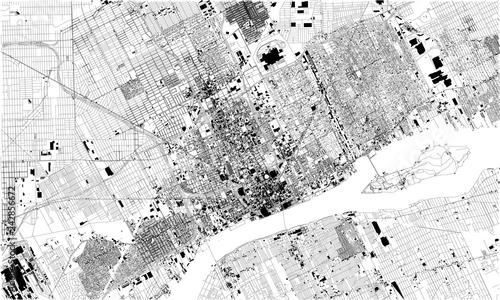 Mappa satellitare di Detroit, Michigan, Stati Uniti. Strade della città. Stradario e mappa del centro città