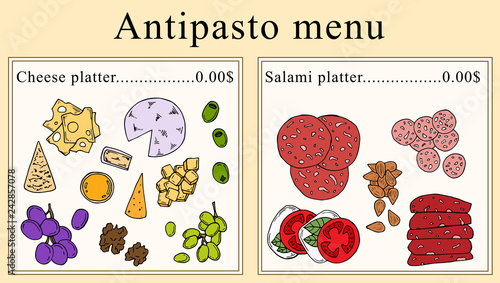Antipasto menu design. Vector cartoon illustration. Perfect for menu design.