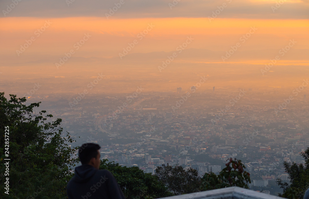 City view, orange light in the morning with fog City view, orange light in the morning with fog