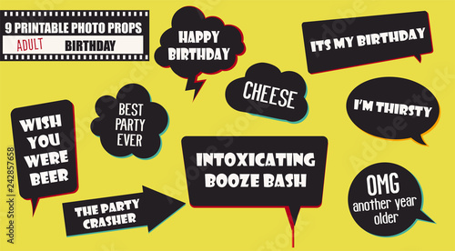 Set of photo booth props vector illustration. Adult birthday party collection of quotes