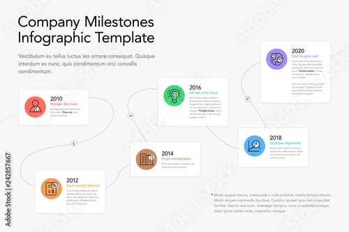 Modern infographic for company milestones timeline with icons, notes and place for your content. Easy to use for your website or presentation.