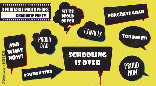Set of photo booth props vector illustration. Graduate party collection of quotes