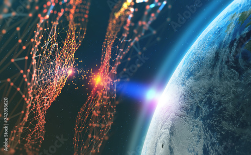 Fototapeta Naklejka Na Ścianę i Meble -  Big Data concept. Global communication networks of planet earth. Data storage system. 3D illustration of Artificial Intelligence. Elements of this image are furnished by NASA