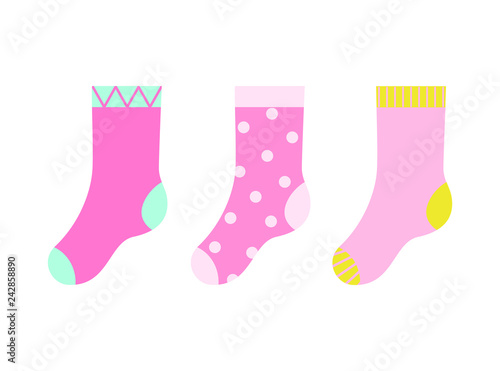 RVB de base. Vector illustration of set of kid colorful socks. Doted and striped pink socks for girl.