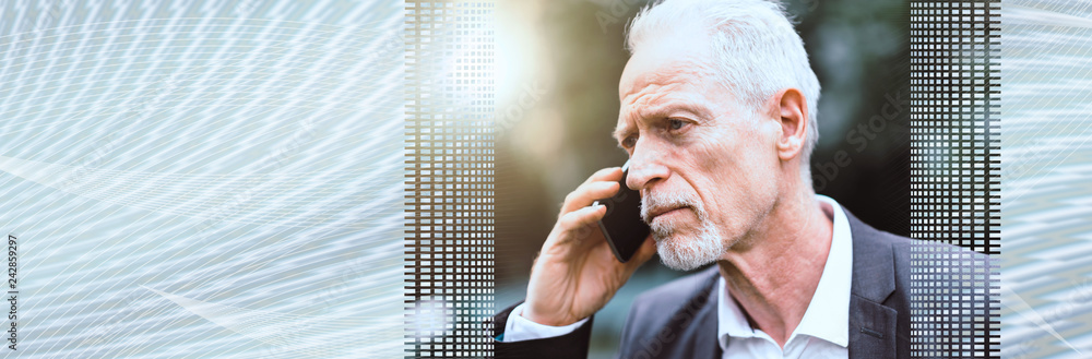 Mature man talking on mobile phone. panoramic banner Mature man talking on mobile phone. panoramic banner