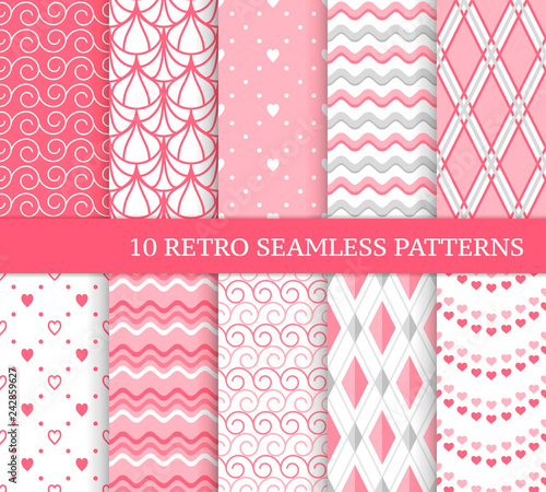 Ten different seamless patterns. Romantic pink backgrounds for Valentine's or wedding day. Endless texture for wallpaper, web page, wrapping paper and etc. Retro love style. Wave, argyle, curl, heart