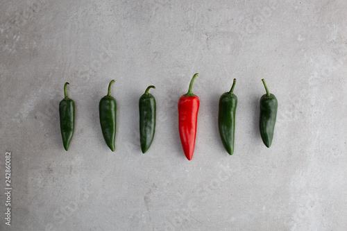 Fotografi Green and red chillies in line be different