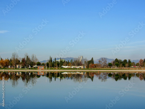 Countryside landscape with lake and mountains on the background Provence, Southern France