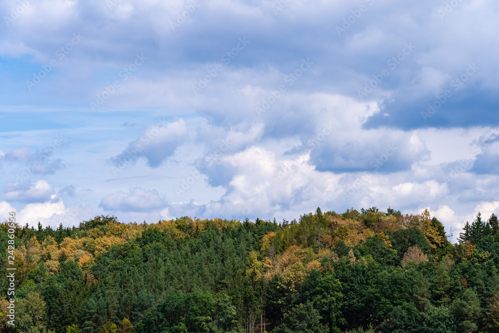 An autumn landscape. A view of the green country agricultural field against stormy blue sky.