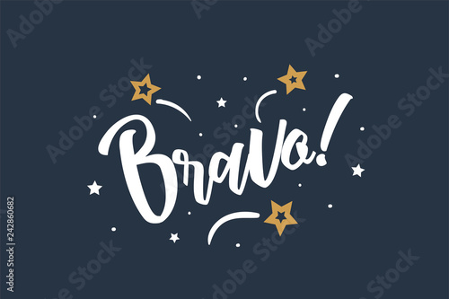 Bravo lettering card, banner. Beautiful greeting scratched calligraphy white text word stars. Hand drawn invitation print design. Handwritten modern brush blue background isolated vector.