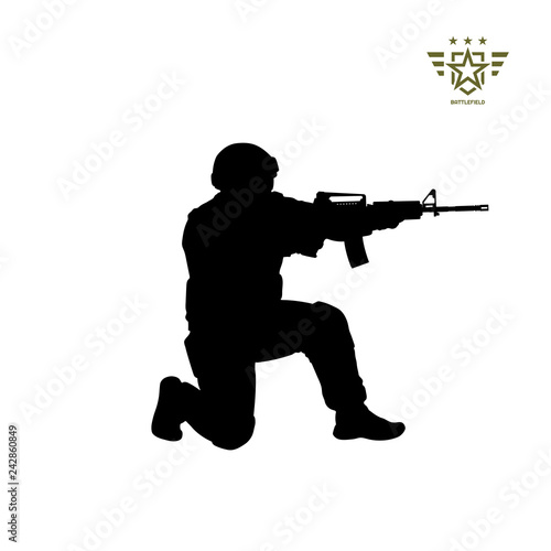 Black silhouette of sitting american soldier. USA army. Military man with weapon. Isolated warrior image