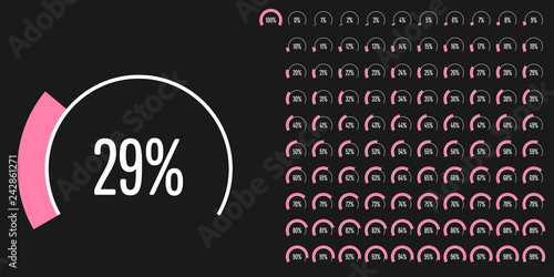 Set of circular sector percentage diagrams (meters) from 0 to 100 ready-to-use for web design, user interface (UI) or infographic - indicator with pink