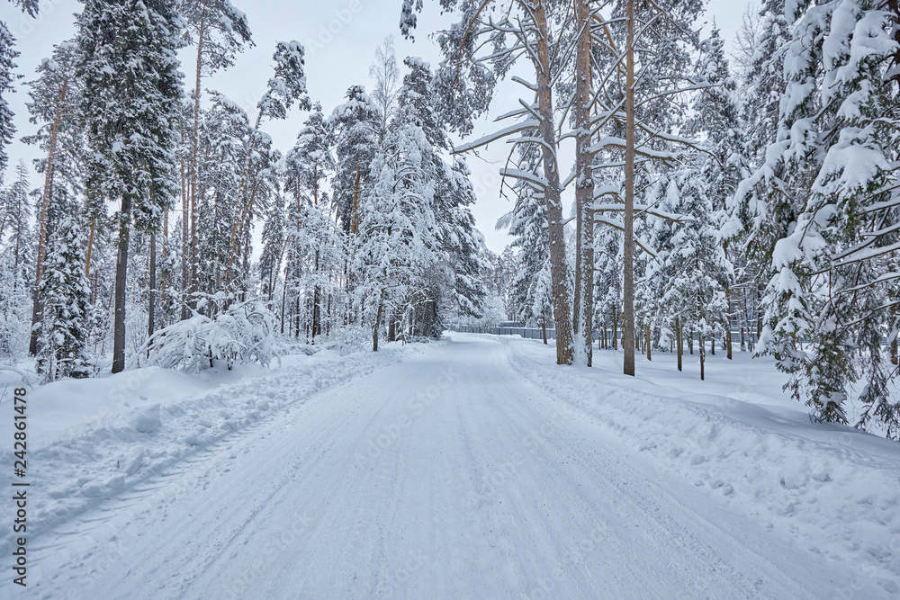 Wooden Finnish house in winter forest covered with snow Wooden Finnish house in winter forest covered with snow