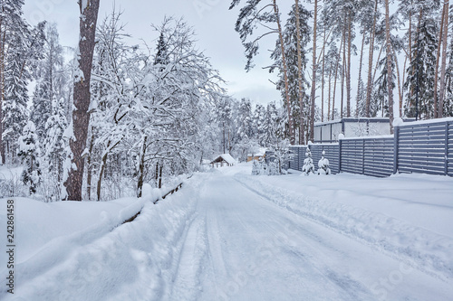 Wooden Finnish house in winter forest covered with snow