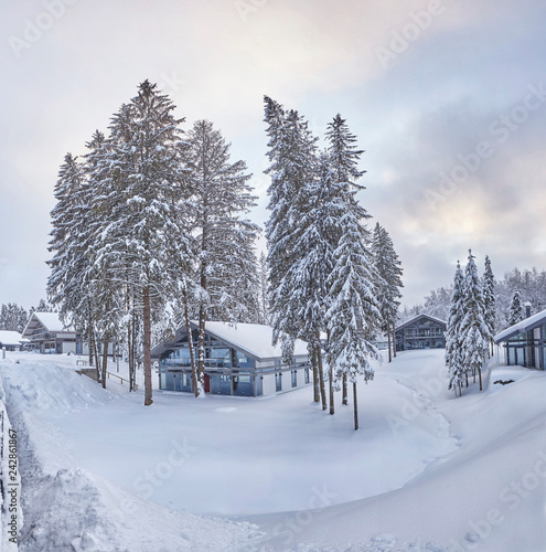 Wooden Finnish house in winter forest covered with snow