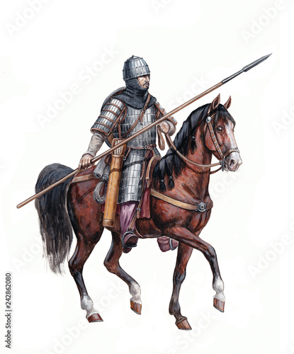 Mounted knight. Heavy armored magyar  hungarian  rider. Battle of Lechfeld  955.