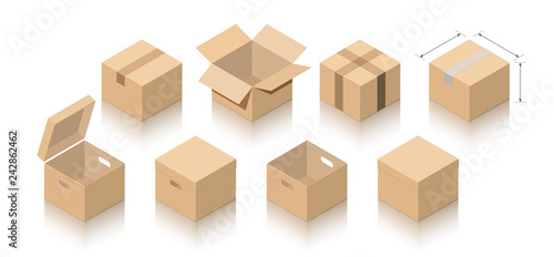 Set of miniature 3D boxes in closed and open versions of light brown cardboard. Images on a white background with a mirror shadow for icons, advertising, banners, filling sites. Isometric style. © yatsiuk