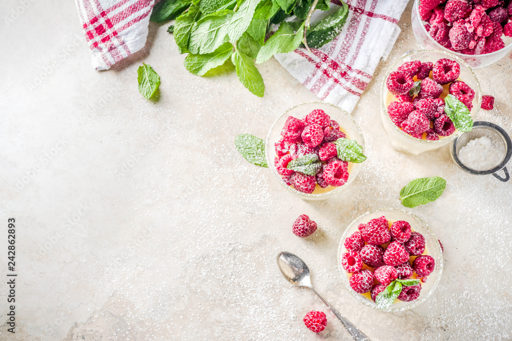 Panna cotta dessert with raspberry