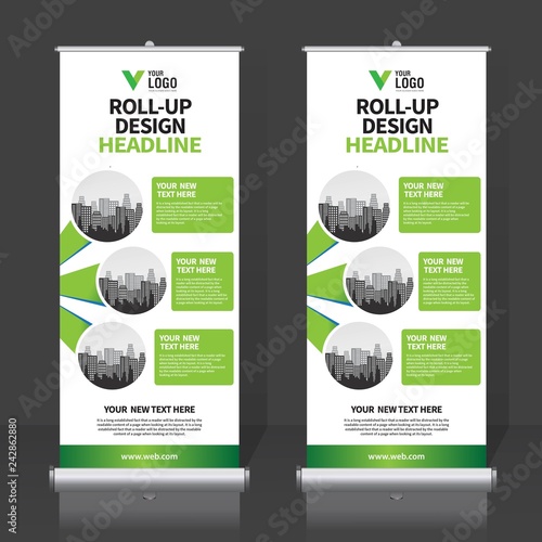 Roll up banner design template, vertical, abstract background, pull up design, modern x-banner, rectangle size. 