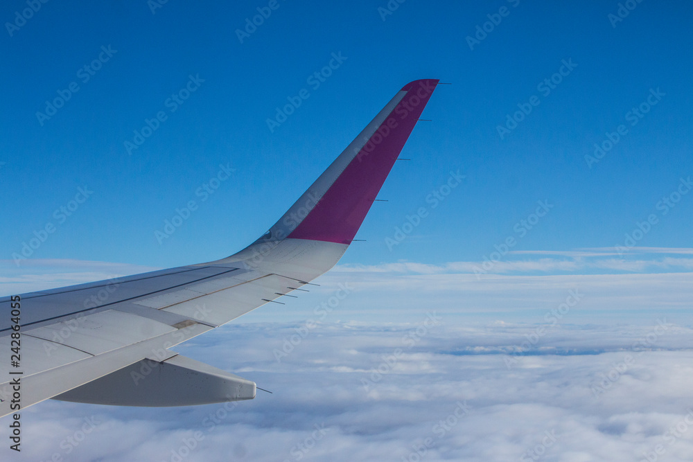 Fototapeta premium The wing of the plane in the clouds