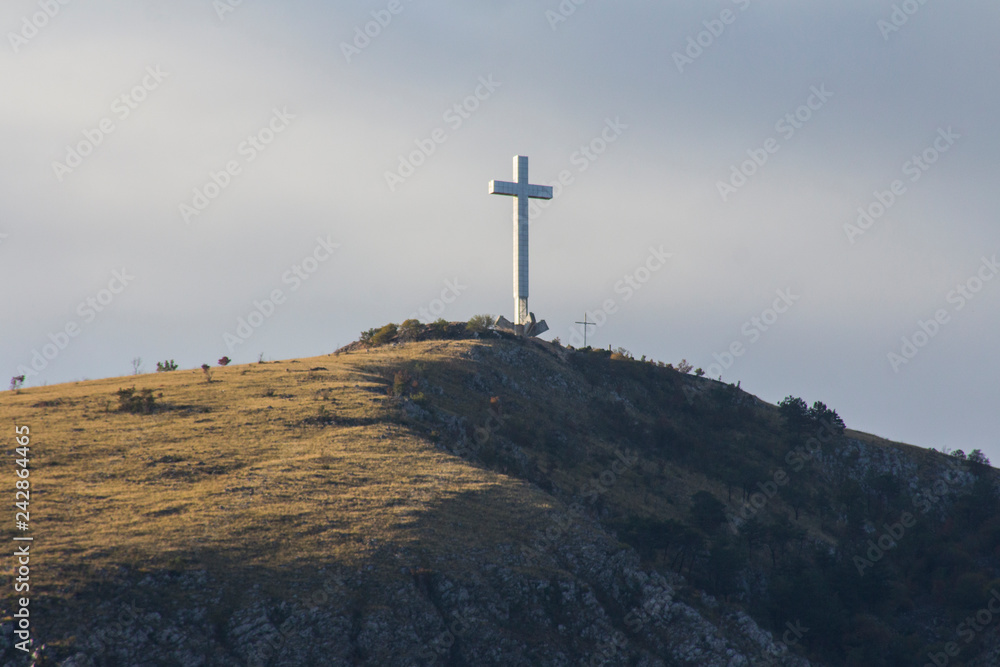 Catholic cross on mount top near Mostar. Bosnia and Herzegovina