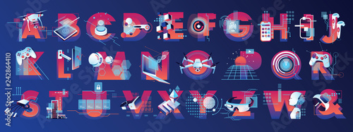Virtual reality illustrated alphabet letters in vibrant colors