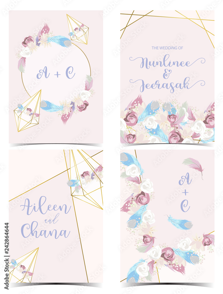 Geometry pink green blue wedding invitation card with rose,leaf,ribbon,wreath,feather and frame Geometry pink green blue wedding invitation card with rose,leaf,ribbon,wreath,feather and frame