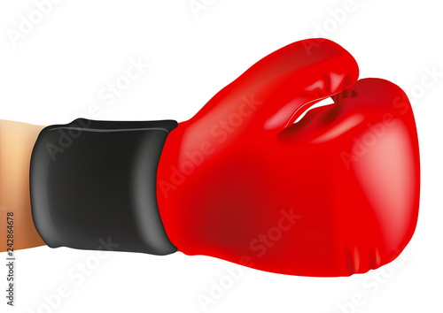 Symbole de force et de victoire avec le bras d’un boxeur prolongé par un gant de boxe rouge. © pict rider