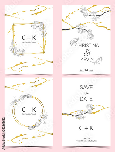 Geometry white,black,gold outline wedding invitation card with rose,leaf,wreath,feather drawing and frame