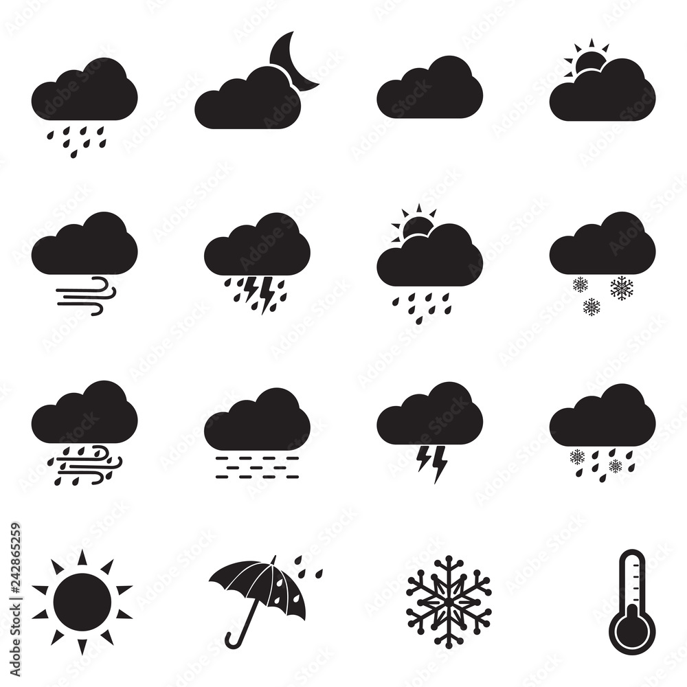 Weather Icons. Black Flat Design. Vector Illustration. Weather Icons. Black Flat Design. Vector Illustration.