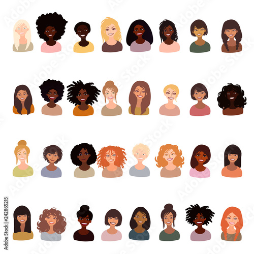 Illustration of women of different race character portraits. Hand drawn set isolated hand drawn in mimimal style.