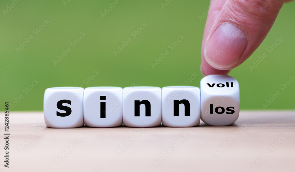 Sinnvoll oder sinnlos. Hand dreht einen Würfel und ändert den Ausdruck ...