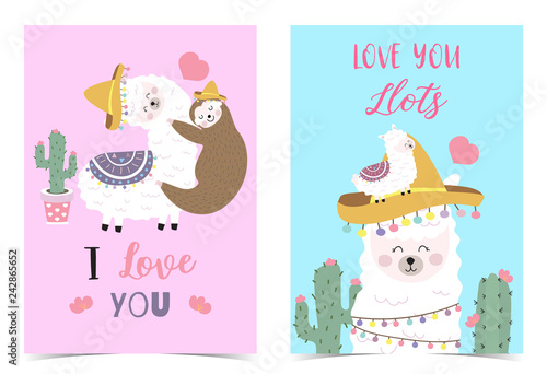 Blue pink hand drawn cute card with llama,sloth,hat,heart.I love you.Love you llots