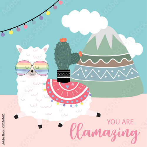 Blue pink hand drawn cute card with llama,flower,light,mountain and cloud.You are llamazing
