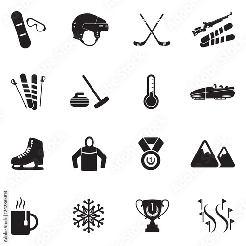 Winter Sports Icons. Black Flat Design. Vector Illustration.