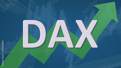 The German blue chip stock market index DAX is going up. A green zig-zag arrow behind the word DAX on a blue background with a stock market chart shows upwards, symbolizing a price rise or growth. photo